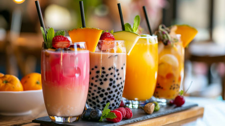 A stylish mocktail bar serving bubble milk tea cocktails, garnished with fruit and herbs for an extra twist.の素材