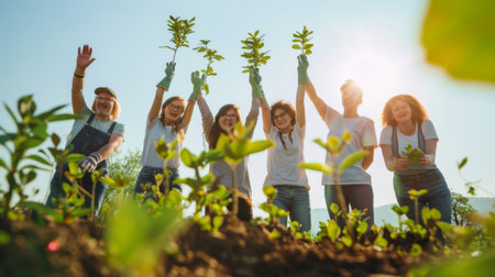 A team of volunteers celebrating after successfully planting a grove of trees, marking a positive impact on the environment.の素材