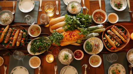A table set with a variety of Vietnamese dishes, including mieng kham, pho, spring rolls, and banh mi sandwiches.の素材