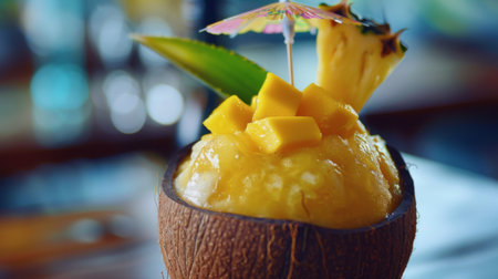 A tropical fruit smoothie with mango, pineapple, and coconut milk, served in a coconut shell with a cocktail umbrella.の素材