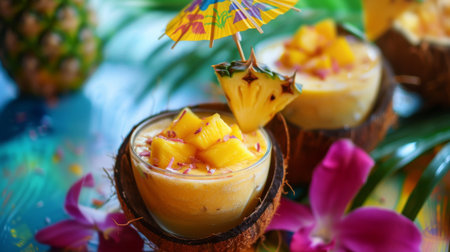 A tropical fruit smoothie with mango, pineapple, and coconut milk, served in a coconut shell with a cocktail umbrella.の素材