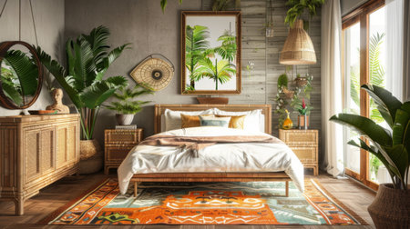 A tropical-themed bedroom with bamboo furniture, leafy plants, and vibrant accents, bringing island vibes to the interior.の素材