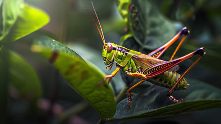 A vibrant grasshopper perched on a green leaf, ready to leap into action.の素材