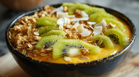 A tropical fruit smoothie bowl topped with granola, coconut flakes, and sliced kiwi, ready to be enjoyed for breakfast.の素材