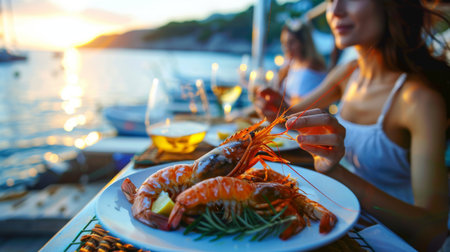 A woman enjoying a delicious serving of grilled freshwater prawns at a seaside restaurant with a picturesque view.の素材