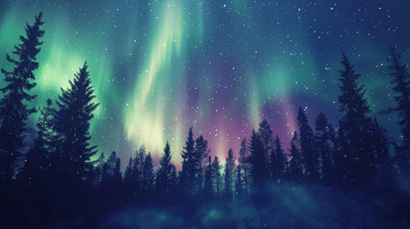Silhouettes of trees against a mesmerizing backdrop of the northern lights, creating a magical and surreal atmosphere.の素材