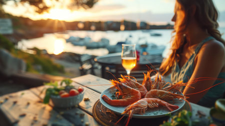 A woman enjoying a delicious serving of grilled freshwater prawns at a seaside restaurant with a picturesque view.の素材