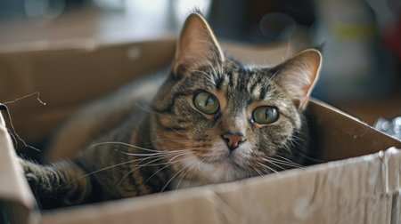 An overweight tabby cat snugly fitting into a box, with a look of pure bliss on its face.の素材