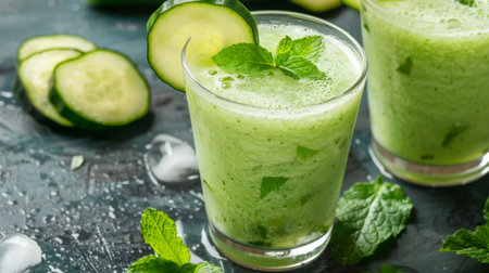 A refreshing cucumber and mint smoothie served in a chilled glass, with cucumber slices and mint leaves for garnish.の素材