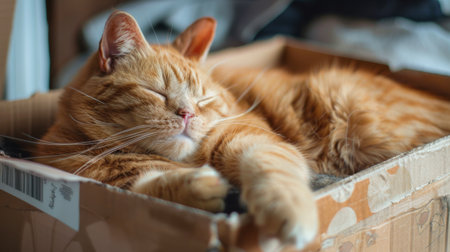 A rotund ginger cat sleeping soundly in a shipping box, with a shipping label visible on the side.の素材