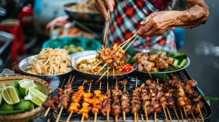 A street vendor assembling plates of som tam and grilled chicken for hungry customers at a bustling market.の素材