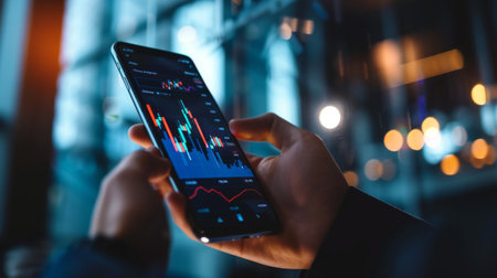 A smartphone screen displaying a stock market graph with rising and falling trends, held by a businessperson.の素材