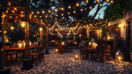 A rustic outdoor patio with string lights and lanterns, creating a magical evening setting.の素材