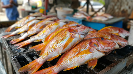 A seafood market stall displaying fresh whole fish ready to be cleaned, prepared, and grilled to perfection.の素材