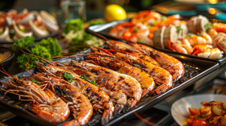 A seafood buffet spread featuring an assortment of dishes featuring succulent grilled freshwater prawns, tempting diners with their aroma.の素材