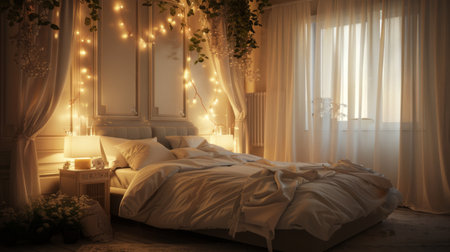A romantic bedroom with soft lighting, sheer curtains, and floral accents, setting the mood for intimacy and relaxation.の素材