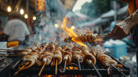 A street food vendor grilling squid skewers over hot coals, attracting hungry customers with the enticing aroma.の素材