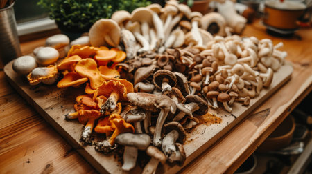 Close-up of a variety of wild mushrooms arranged on a wooden cutting board, showcasing their diverse shapes and colors.の素材