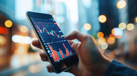 A smartphone screen showing a stock market graph, with a businessperson analyzing the data.の素材