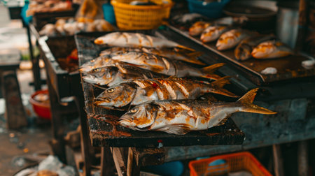 A seafood market stall displaying fresh whole fish ready to be cleaned, prepared, and grilled to perfection.の素材