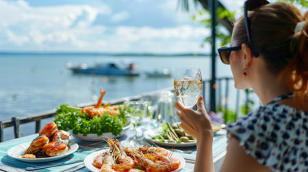 A woman enjoying a delicious serving of grilled freshwater prawns at a seaside restaurant with a picturesque view.の素材