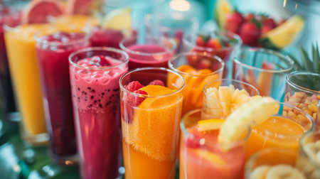 A tray of assorted fruit smoothies served in tall glasses, ready to be enjoyed at a summer party.の素材