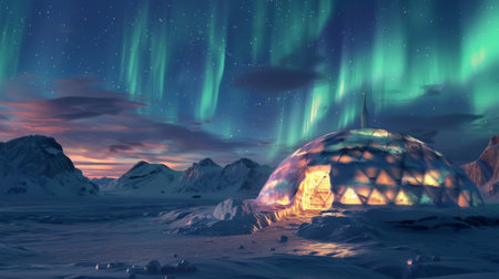 A traditional Inuit igloo illuminated by the vibrant colors of the aurora borealis, blending ancient culture with natural wonders.の素材