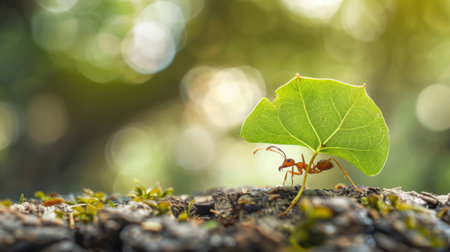 An ant carrying a leaf much larger than itself, showcasing its incredible strength.の素材