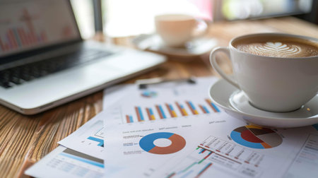 An office desk with a laptop showing financial graphs and charts, surrounded by reports and a coffee cup.の素材