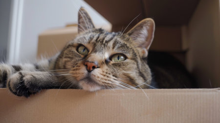 An overweight tabby cat snugly fitting into a box, with a look of pure bliss on its face.の素材
