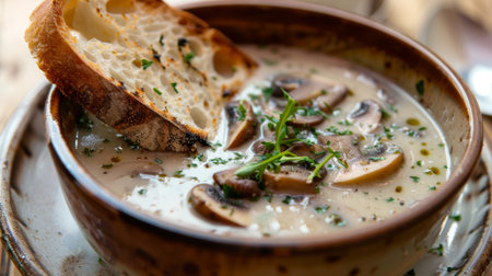 A rustic mushroom soup served in a ceramic bowl, with a slice of crusty bread on the side for dipping.の素材