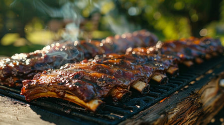 A summertime cookout with friends, featuring grilled pork ribs as the star of the backyard BBQ.の素材