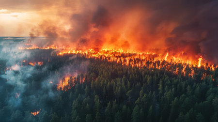 Aerial view of a vast expanse of forest consumed by flames, illustrating the scale of the wildfireの素材