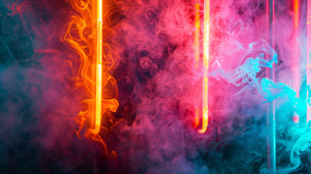 Abstract pattern of vibrant cigarette smoke illuminated by neon lights in a dimly lit roomの素材