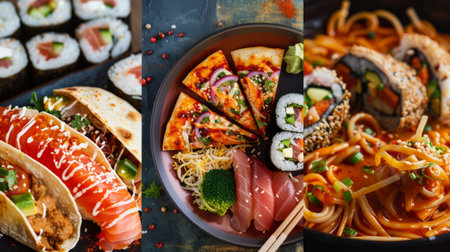 A collage of various international cuisines including sushi, pizza, tacos, curry, and pastaの素材