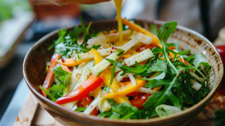 Close-up of a bamboo shoot salad being tossed with dressing in a bowlの素材