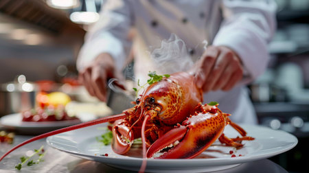 Chef preparing a gourmet lobster dish in a professional kitchen, showcasing culinary expertiseの素材