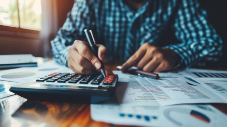 Businessman writing in a financial planner, focusing on budgeting and expense trackingの素材