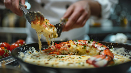 Chef preparing a classic lobster thermidor dish with a creamy sauce and gratinated cheese toppingの素材