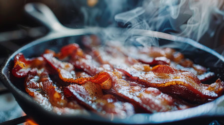 Close-up of a cast iron skillet sizzling with bacon strips on a stovetop, ready for breakfastの素材