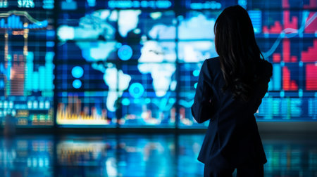 Businesswoman analyzing global financial markets on a large screen, showcasing international tradeの素材