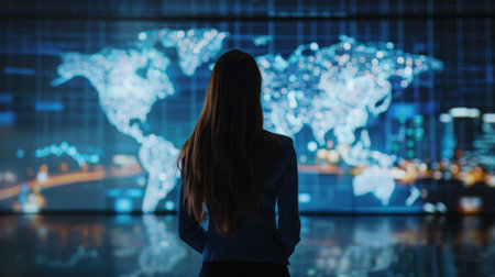 Businesswoman analyzing global financial markets on a large screen, showcasing international tradeの素材