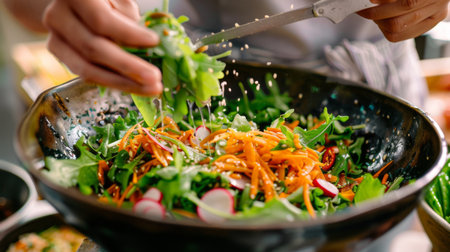 Close-up of a bamboo shoot salad being tossed with dressing in a bowlの素材