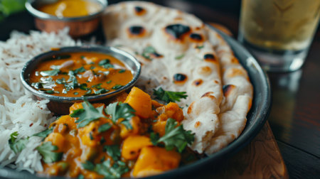 Close-up of a colorful Indian curry dish served with basmati rice, naan bread, and mango chutneyの素材