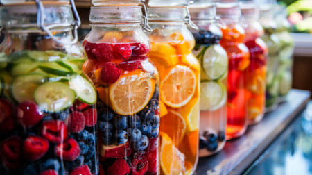 Close-up of a colorful array of fruit-infused water in glass jars, served at a wellness retreatの素材