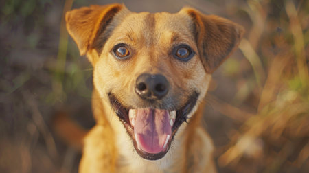Close-up of a dog with a happy grin, tongue sticking out, and tail wagging vigorouslyの素材