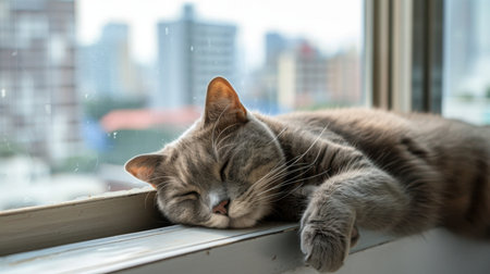 Chunky grey cat taking a nap on a windowsill, with cityscape in the backgroundの素材