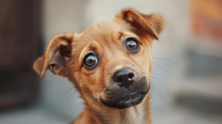 Close-up of a curious puppy tilting its head with a quizzical expression, ears perked upの素材