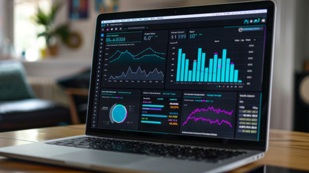Close-up of a laptop screen with a dashboard displaying various graphs and charts, highlighting data visualizationの素材