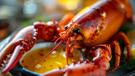Close-up of a lobster claw with melted butter dipping sauce, ready to be savored as a gourmet treatの素材